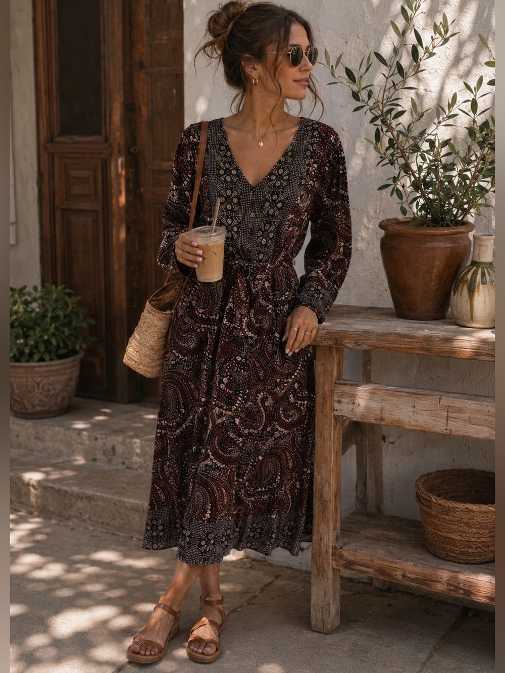Knox Rose Boho Paisley Midi Dress Navy Red Floral Print Button Front Small